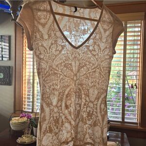 Tahari Burn Out V Neck T Shirt Semi Sheer Paisley XSMALL